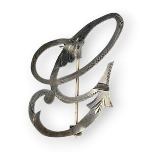 Antique Victorian G Initial Brooch Etched Ornate Silver Plated Cursive 1 7/8"